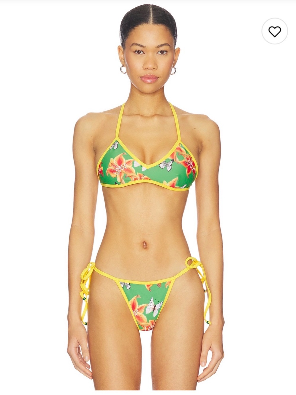 Green Floral Tie-Side Bikini with Yellow Trim by JJ Luxury